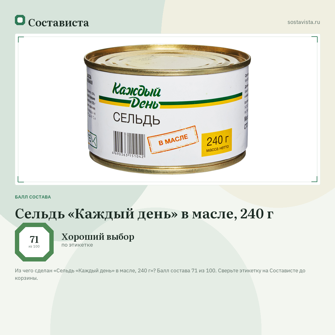 Сельдь «Каждый день» в масле, 240 г: балл состава 71 из 100 — Состависта
