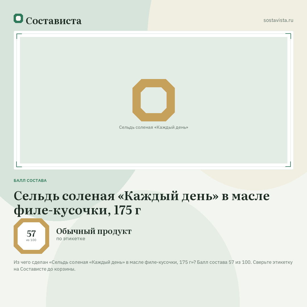 Сельдь соленая «Каждый день» в масле филе-кусочки, 175 г: балл состава 57 из 100 — Состависта