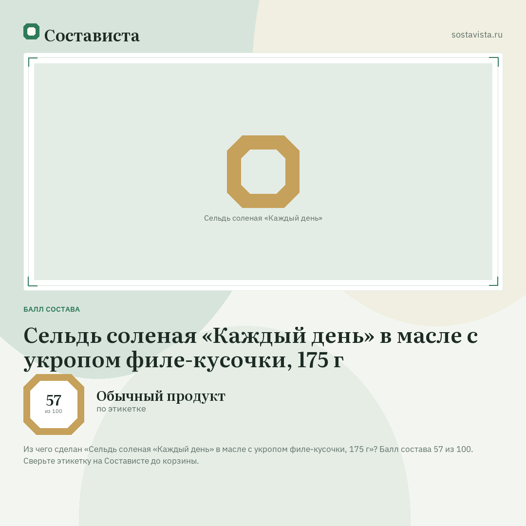 Сельдь соленая «Каждый день» в масле с укропом филе-кусочки, 175 г: балл состава 57 из 100 — Состависта