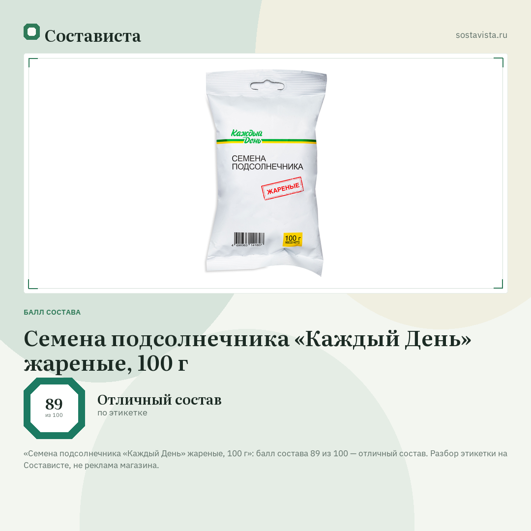 Семена подсолнечника «Каждый День» жареные, 100 г: балл состава 89 из 100 — Состависта
