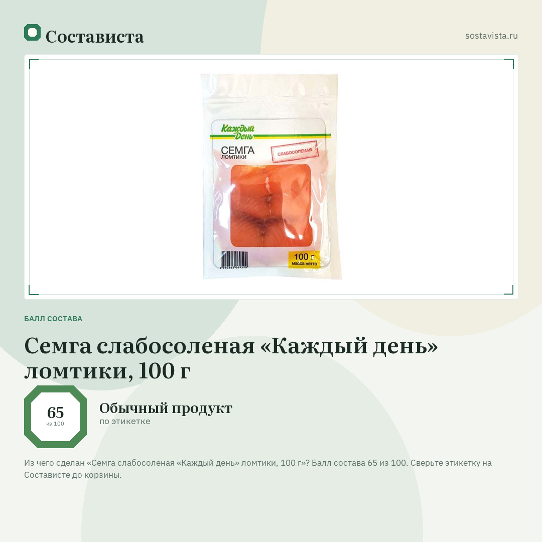 Семга слабосоленая «Каждый день» ломтики, 100 г: балл состава 65 из 100 — Состависта