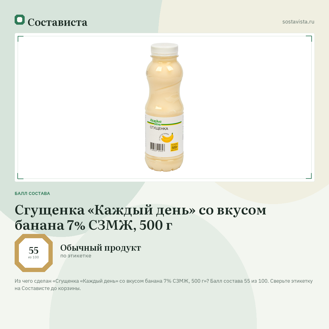 Сгущенка «Каждый день» со вкусом банана 7% СЗМЖ, 500 г: балл состава 55 из 100 — Состависта