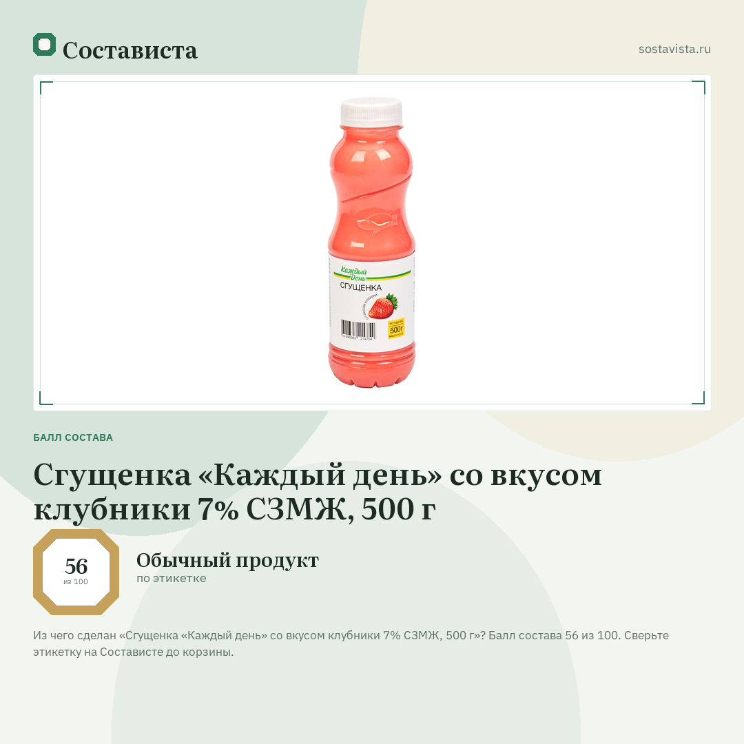 Сгущенка «Каждый день» со вкусом клубники 7% СЗМЖ, 500 г: балл состава 56 из 100 — Состависта