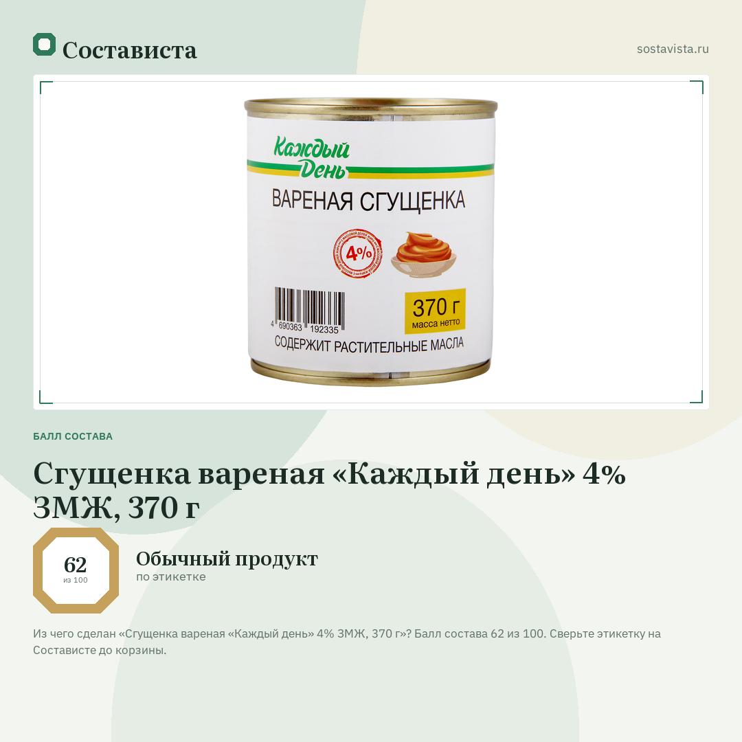 Сгущенка вареная «Каждый день» 4% ЗМЖ, 370 г: балл состава 62 из 100 — Состависта