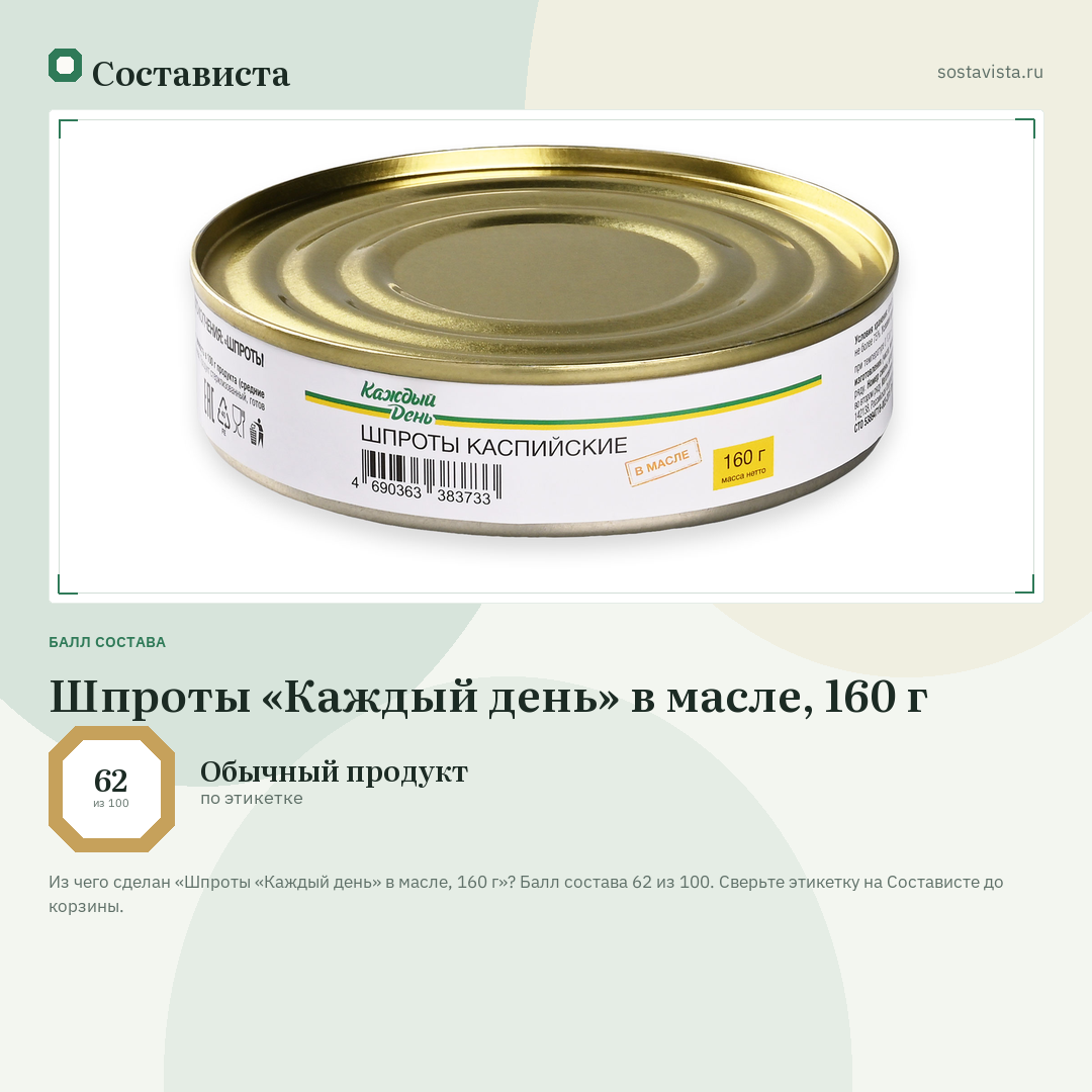 Шпроты «Каждый день» в масле, 160 г: балл состава 62 из 100 — Состависта