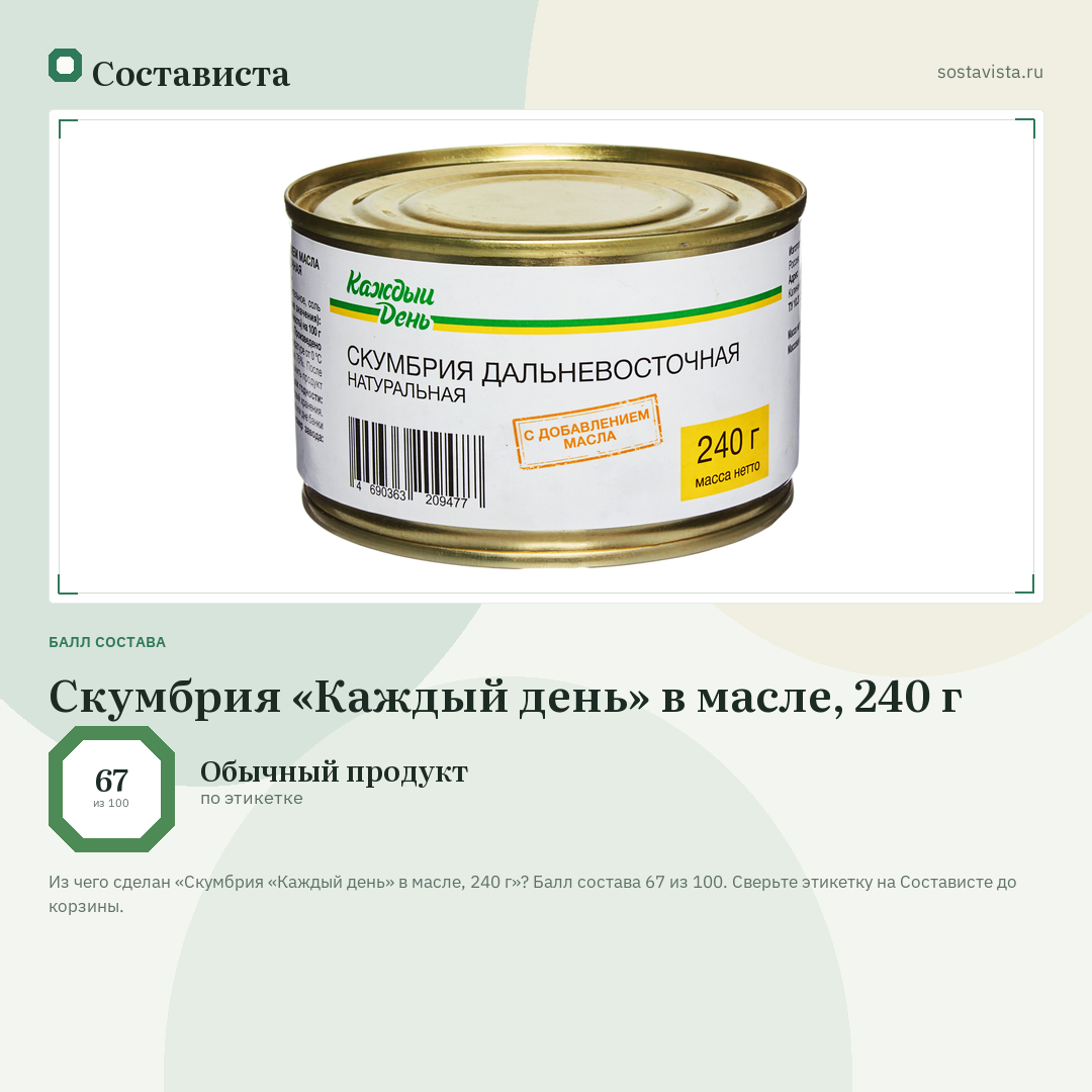 Скумбрия «Каждый день» в масле, 240 г: балл состава 67 из 100 — Состависта
