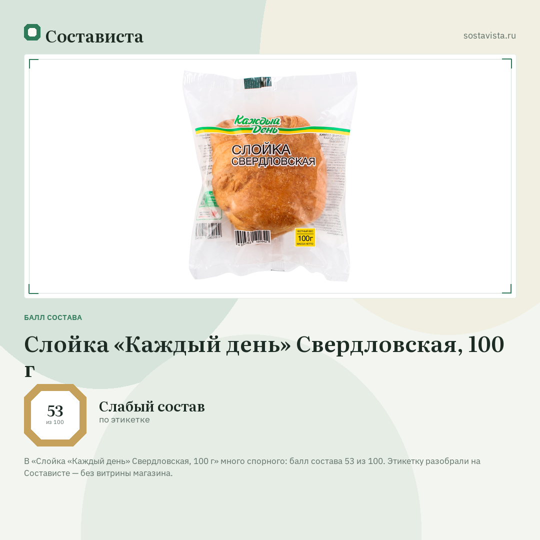 Слойка «Каждый день» Свердловская, 100 г: балл состава 53 из 100 — Состависта