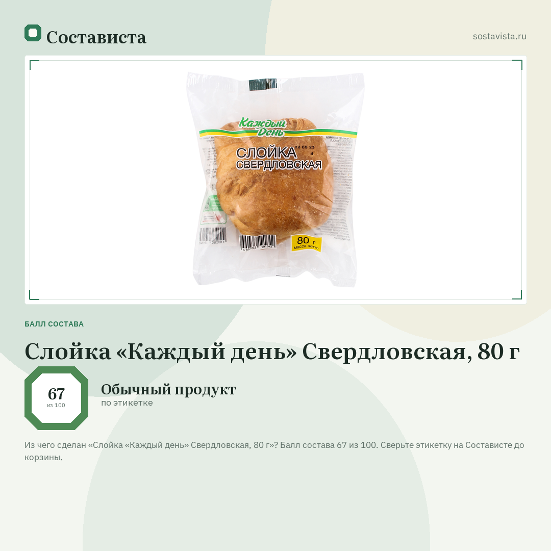 Слойка «Каждый день» Свердловская, 80 г: балл состава 67 из 100 — Состависта