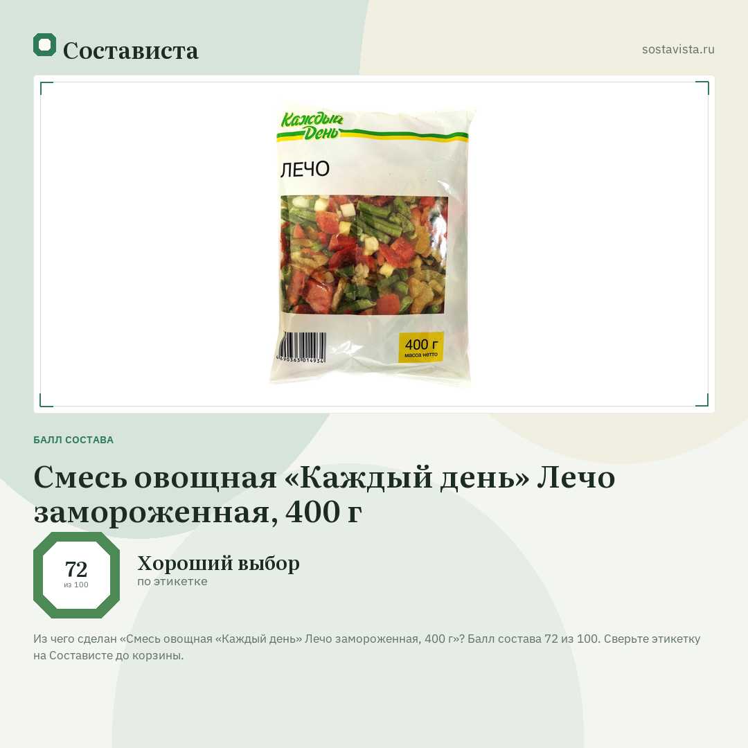 Смесь овощная «Каждый день» Лечо замороженная, 400 г: балл состава 72 из 100 — Состависта