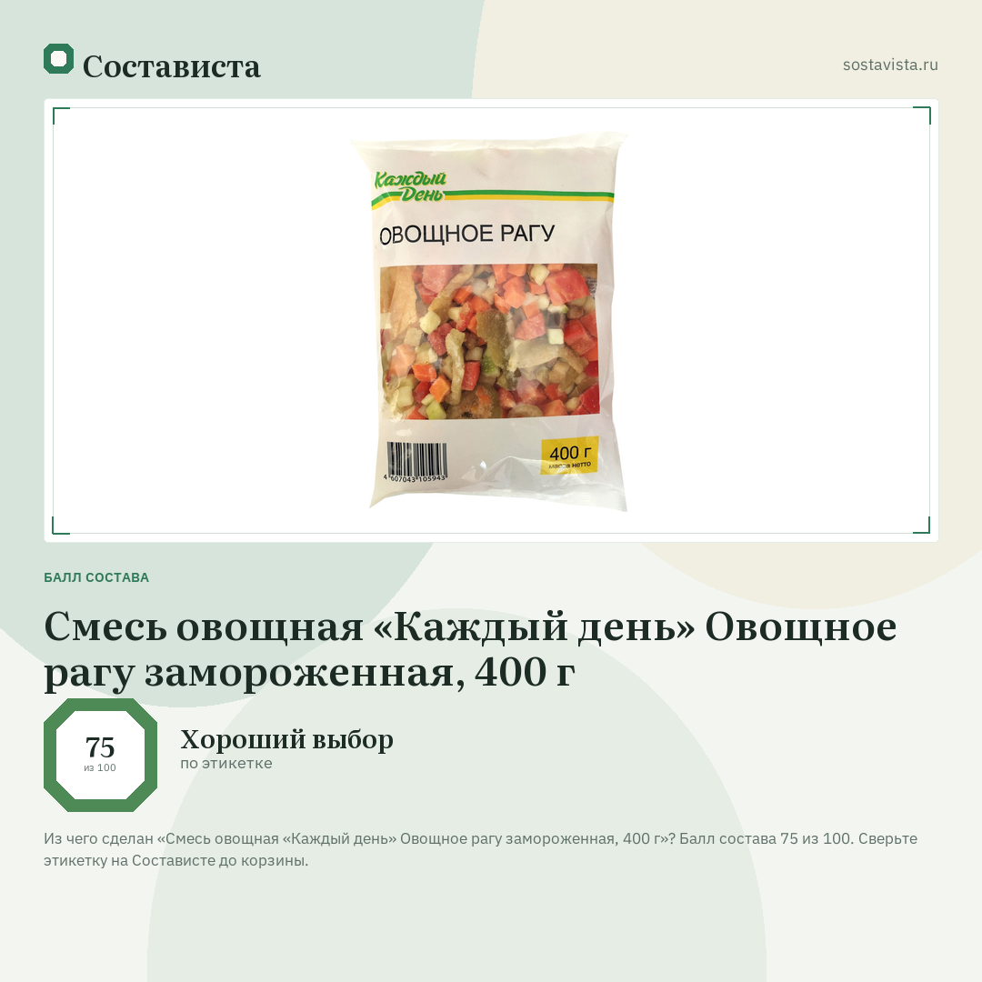 Смесь овощная «Каждый день» Овощное рагу замороженная, 400 г: балл состава 75 из 100 — Состависта