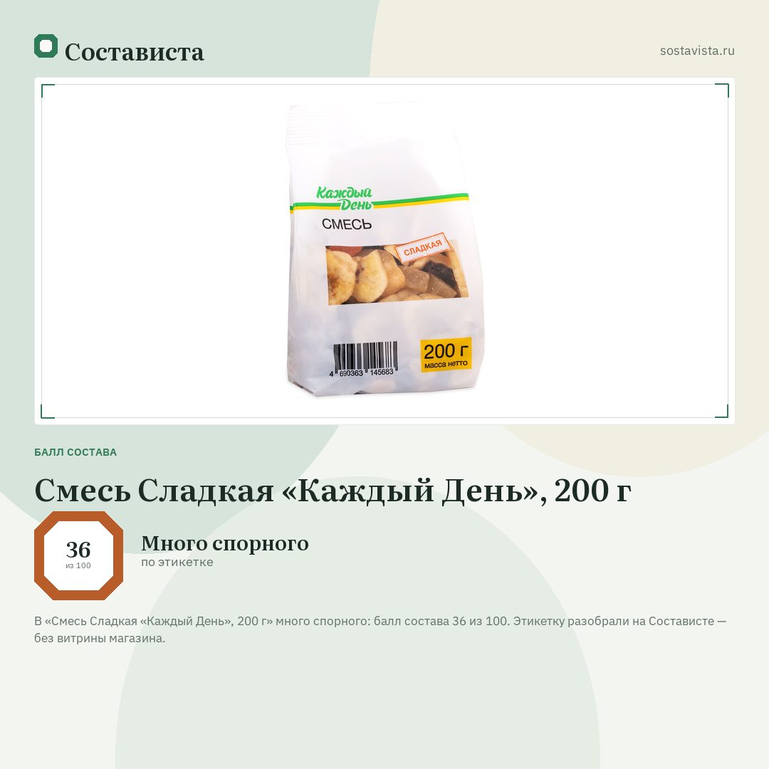 Смесь Сладкая «Каждый День», 200 г: балл состава 36 из 100 — Состависта