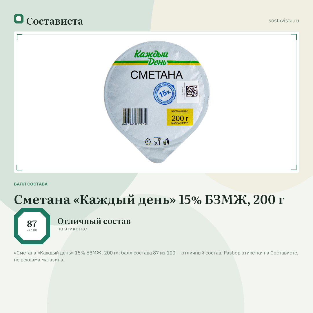 Сметана «Каждый день» 15% БЗМЖ, 200 г: балл состава 87 из 100 — Состависта