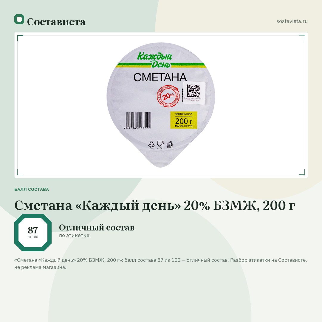 Сметана «Каждый день» 20% БЗМЖ, 200 г: балл состава 87 из 100 — Состависта