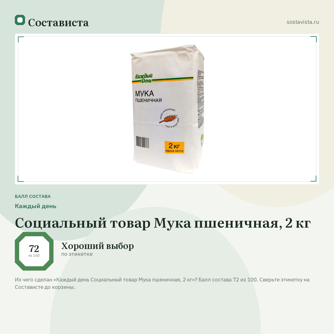 Каждый день Социальный товар Мука пшеничная, 2 кг: балл состава 72 из 100 — Состависта