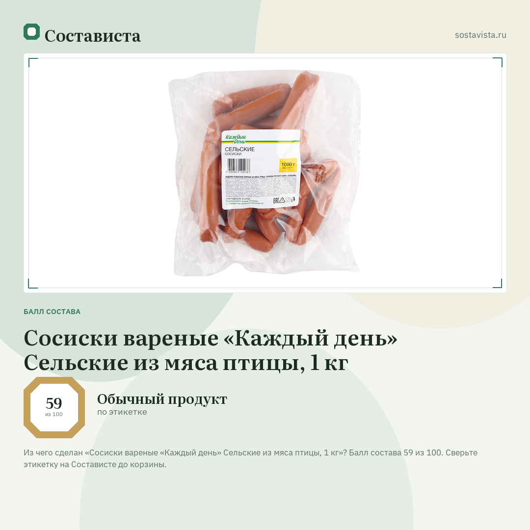 Сосиски вареные «Каждый день» Сельские из мяса птицы, 1 кг: балл состава 59 из 100 — Состависта