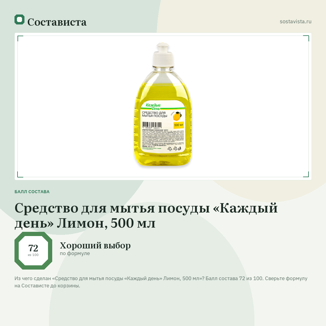 Средство для мытья посуды «Каждый день» Лимон, 500 мл: балл состава 72 из 100 — Состависта