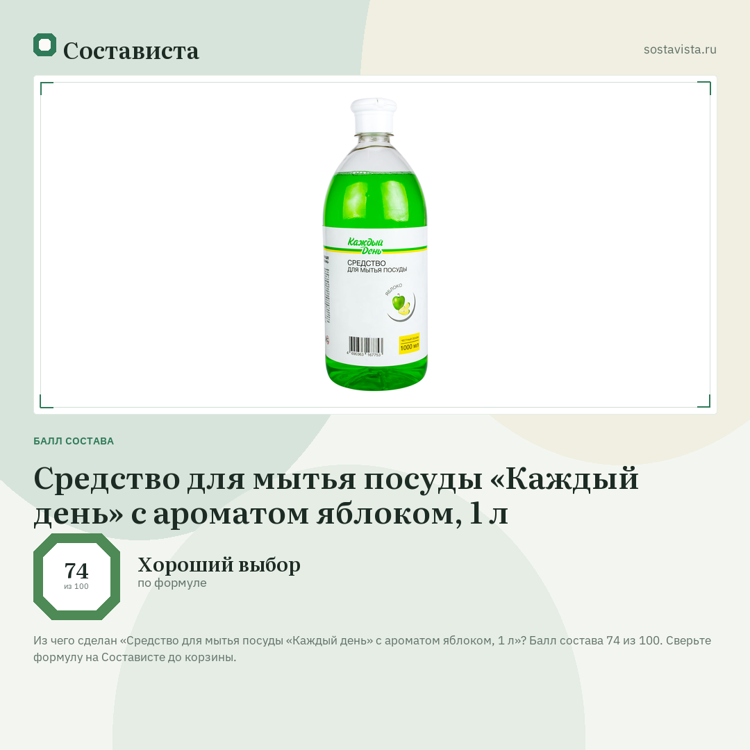 Средство для мытья посуды «Каждый день» с ароматом яблоком, 1 л: балл состава 74 из 100 — Состависта