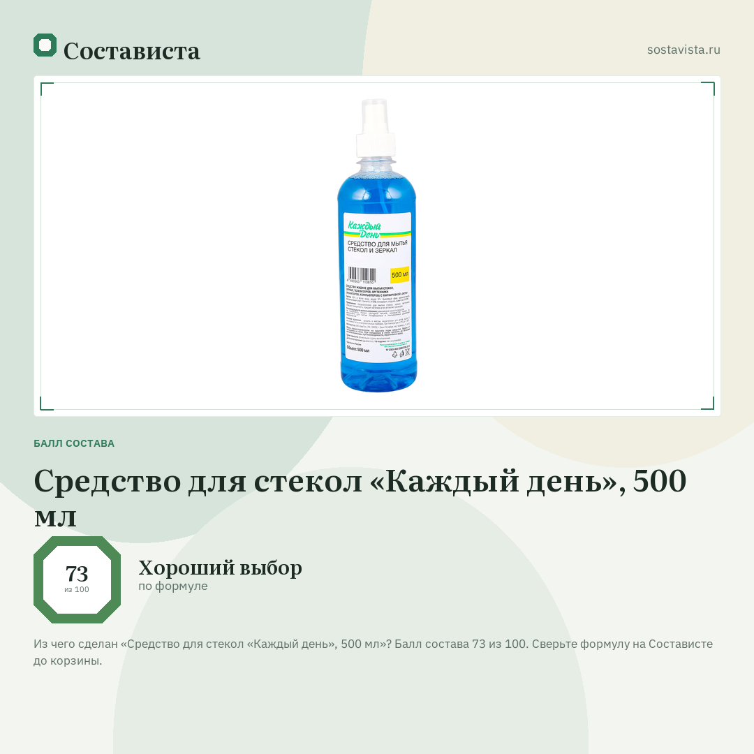 Средство для стекол «Каждый день», 500 мл: балл состава 73 из 100 — Состависта