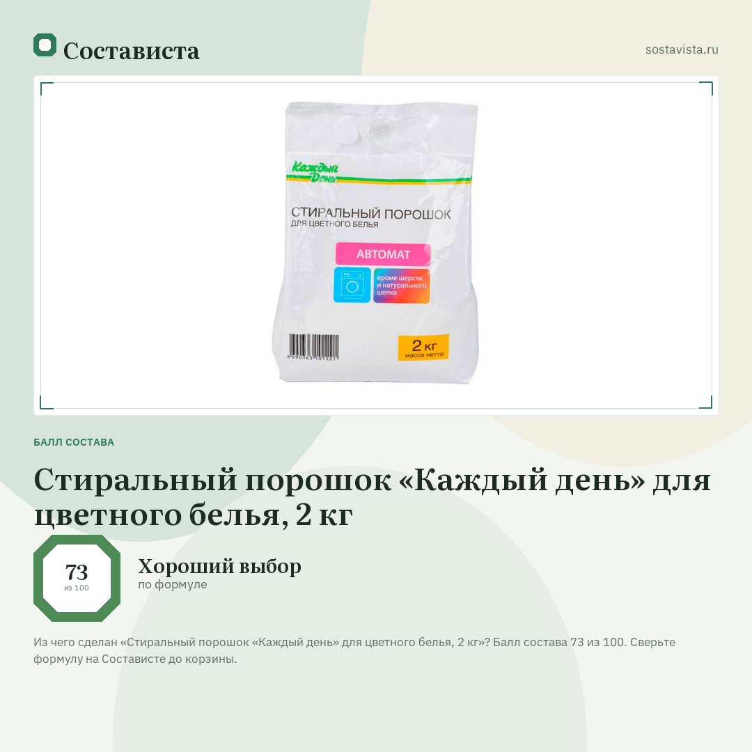 Стиральный порошок «Каждый день» для цветного белья, 2 кг: балл состава 73 из 100 — Состависта