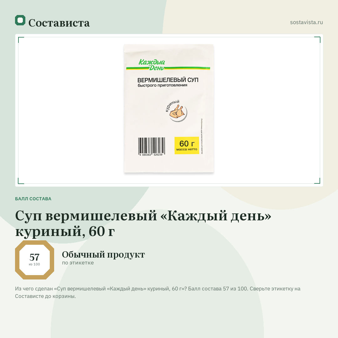 Суп вермишелевый «Каждый день» куриный, 60 г: балл состава 57 из 100 — Состависта
