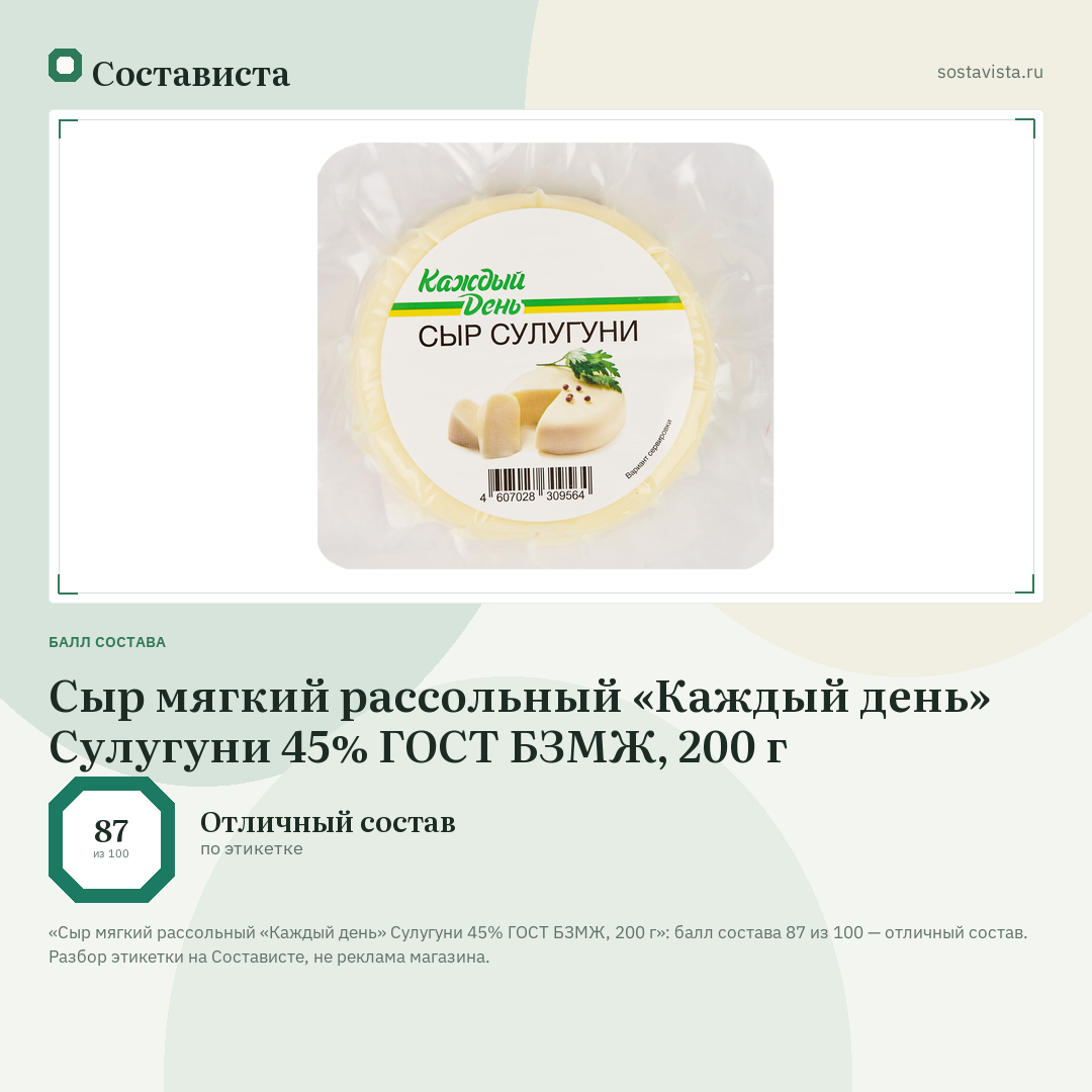 Сыр мягкий рассольный «Каждый день» Сулугуни 45% ГОСТ БЗМЖ, 200 г: балл состава 87 из 100 — Состависта