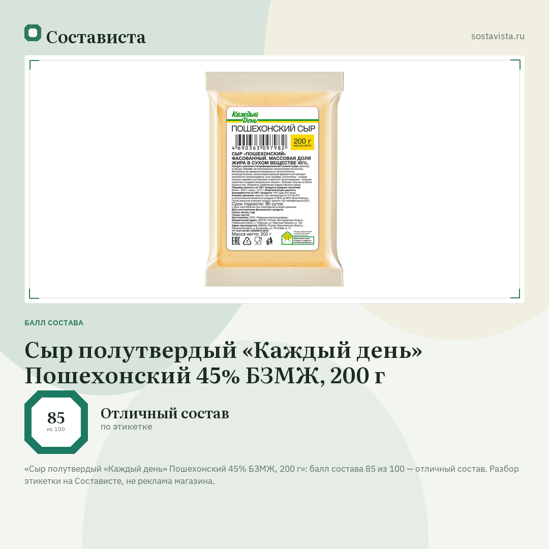 Сыр полутвердый «Каждый день» Пошехонский 45% БЗМЖ, 200 г: балл состава 85 из 100 — Состависта