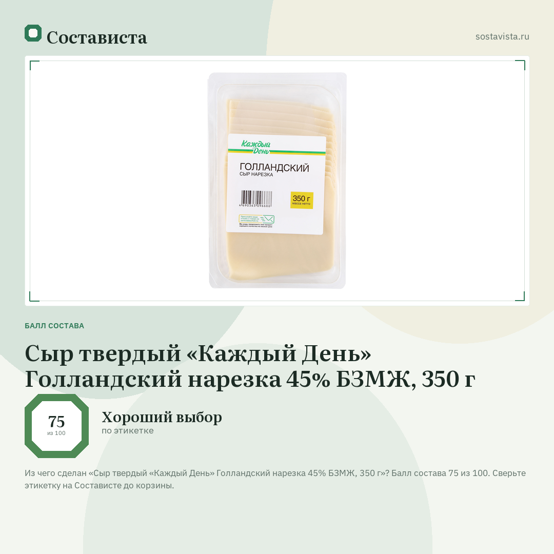 Сыр твердый «Каждый День» Голландский нарезка 45% БЗМЖ, 350 г: балл состава 75 из 100 — Состависта