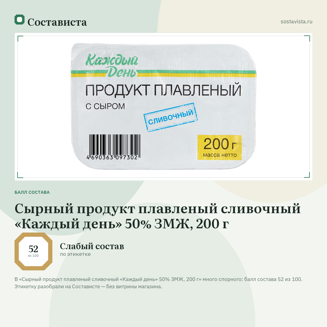 Сырный продукт плавленый сливочный «Каждый день» 50% ЗМЖ, 200 г: балл состава 52 из 100 — Состависта