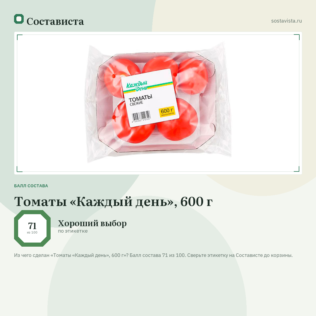 Томаты «Каждый день», 600 г: балл состава 71 из 100 — Состависта