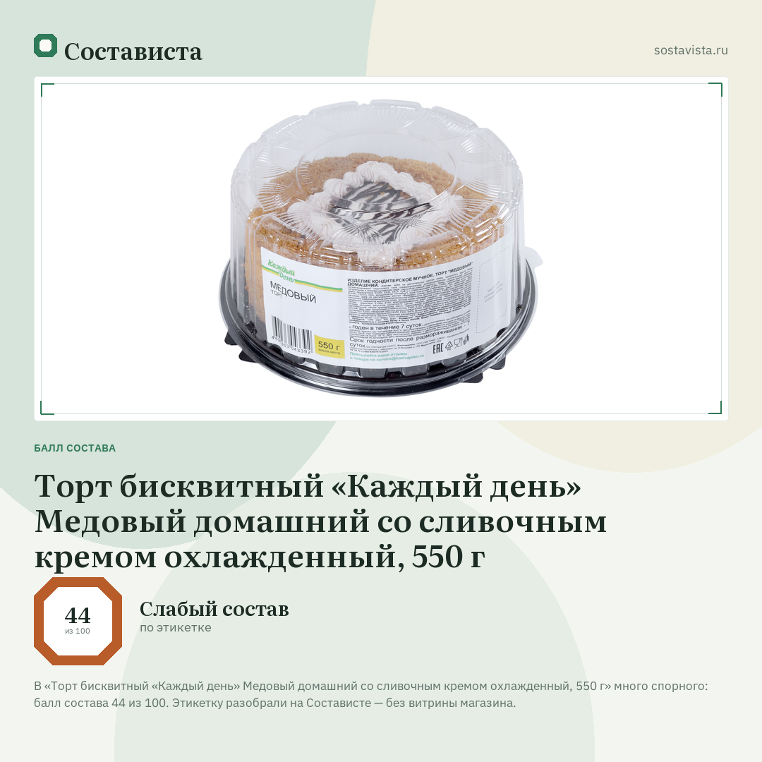 Торт бисквитный «Каждый день» Медовый домашний со сливочным кремом охлажденный, 550 г: балл состава 44 из 100 — Состависта