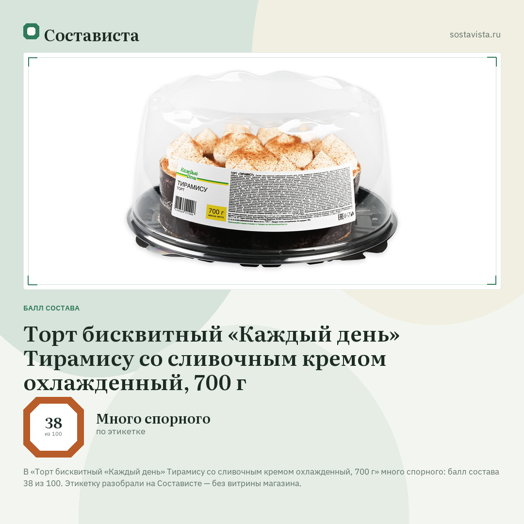 Торт бисквитный «Каждый день» Тирамису со сливочным кремом охлажденный, 700 г: балл состава 38 из 100 — Состависта
