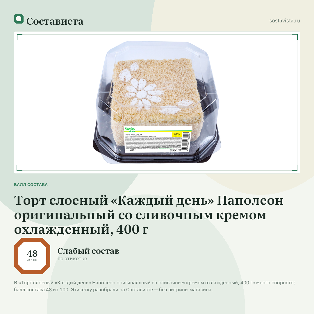 Торт слоеный «Каждый день» Наполеон оригинальный со сливочным кремом охлажденный, 400 г: балл состава 48 из 100 — Состависта