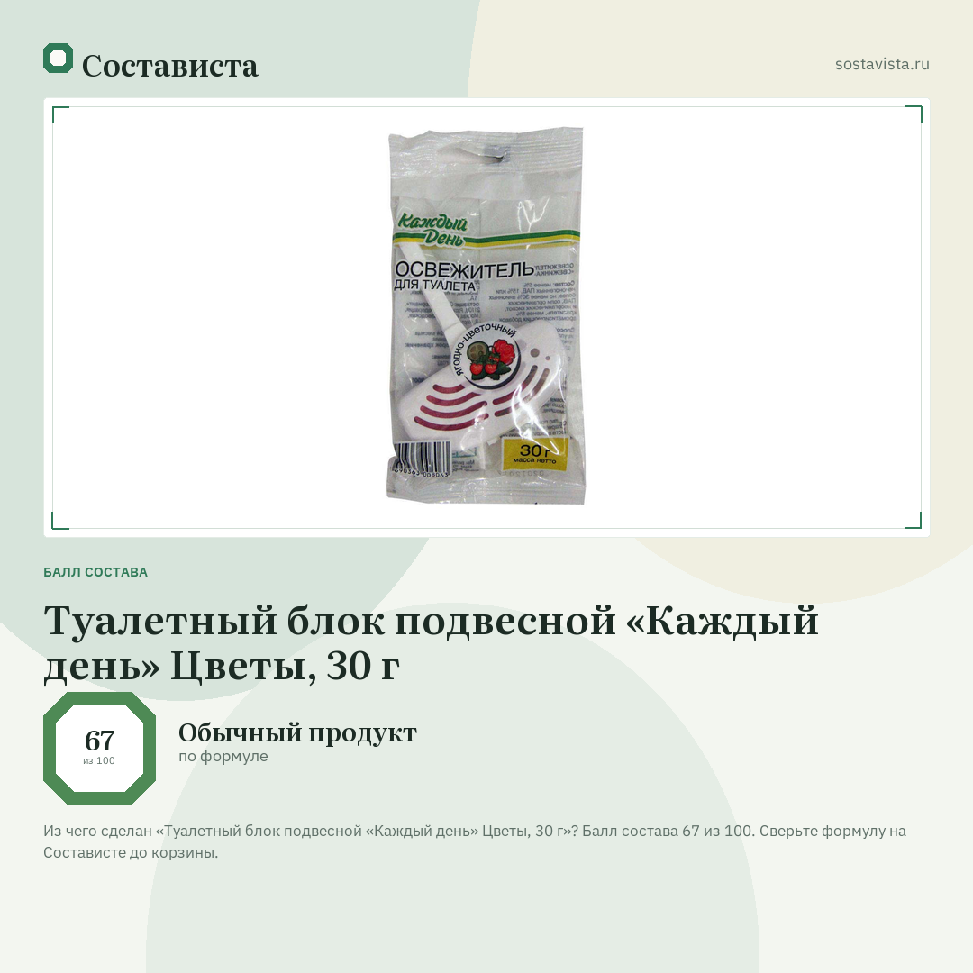 Туалетный блок подвесной «Каждый день» Цветы, 30 г: балл состава 67 из 100 — Состависта