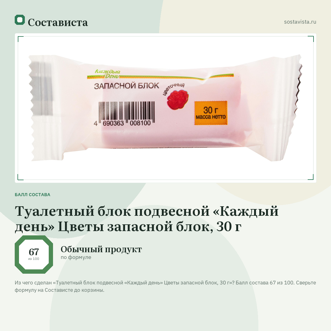 Туалетный блок подвесной «Каждый день» Цветы запасной блок, 30 г: балл состава 67 из 100 — Состависта