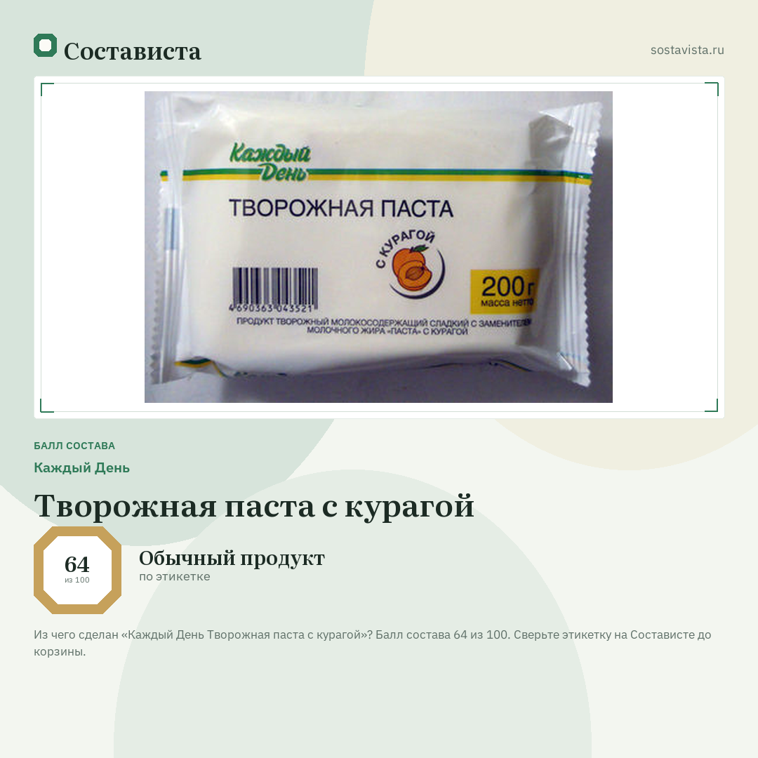 Каждый День Творожная паста с курагой: балл состава 64 из 100 — Состависта