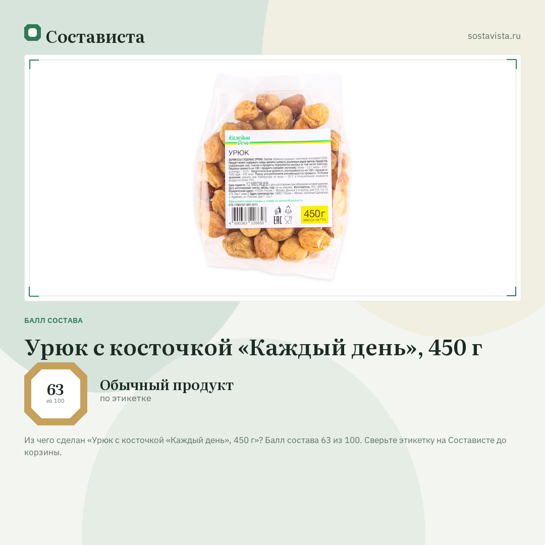 Урюк с косточкой «Каждый день», 450 г: балл состава 63 из 100 — Состависта