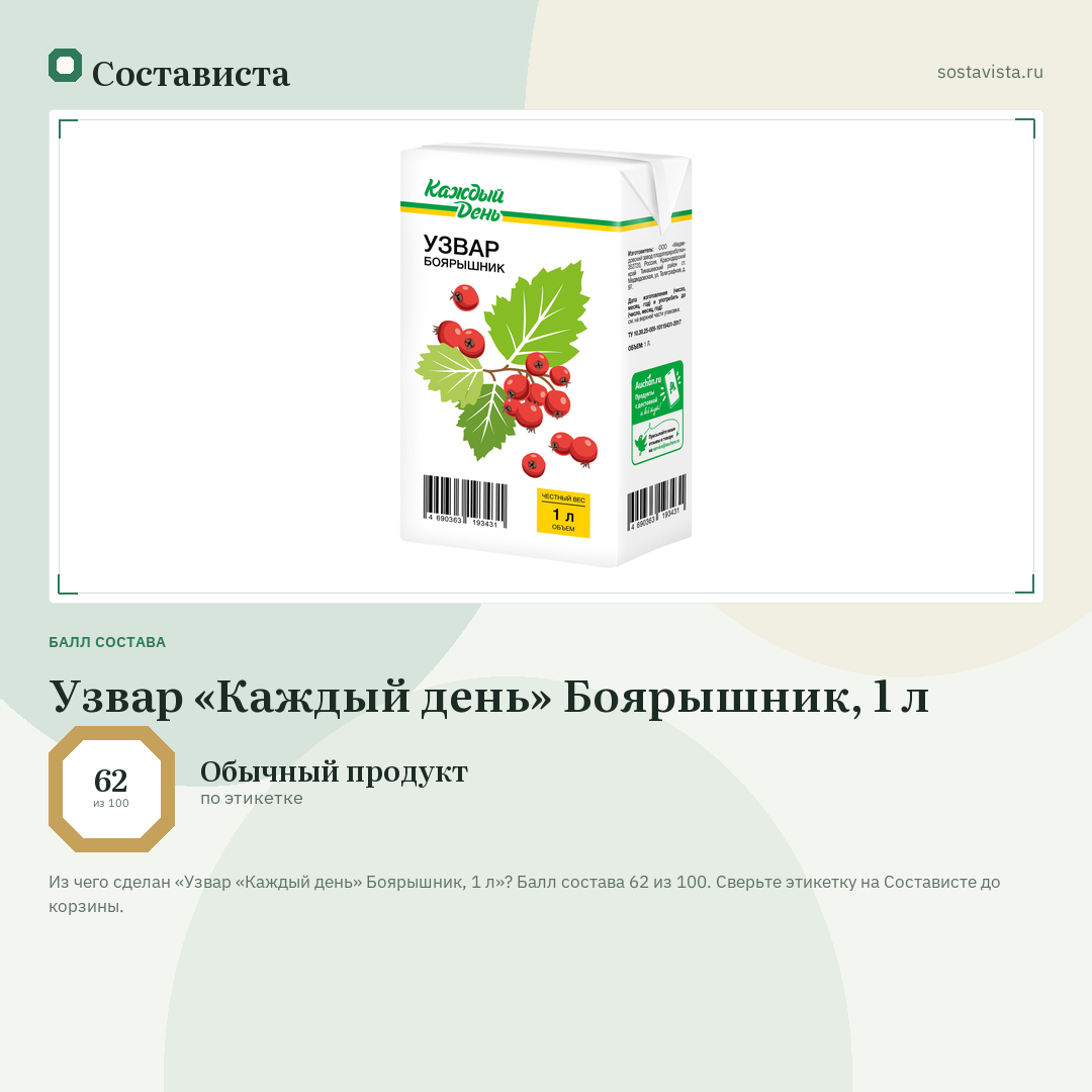 Узвар «Каждый день» Боярышник, 1 л: балл состава 62 из 100 — Состависта