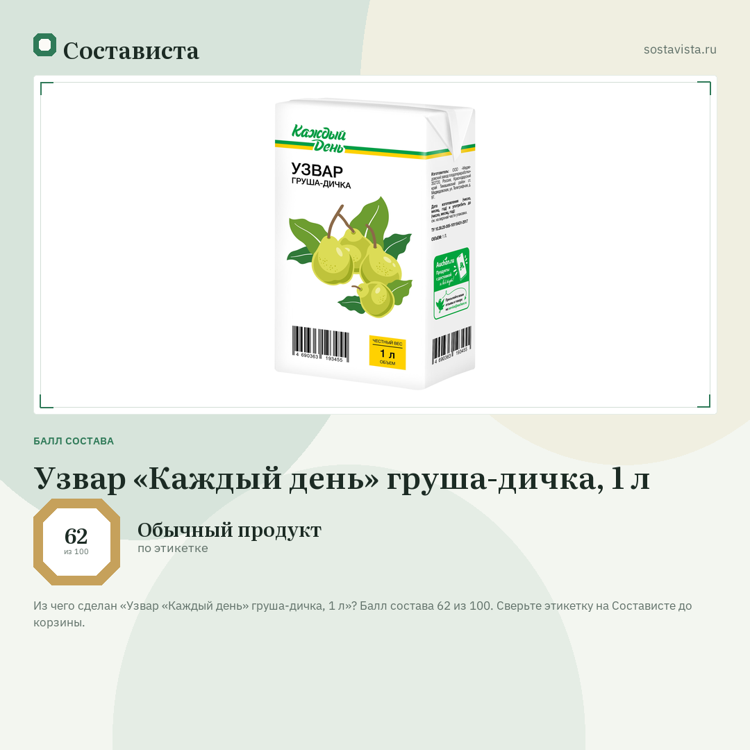 Узвар «Каждый день» груша-дичка, 1 л: балл состава 62 из 100 — Состависта