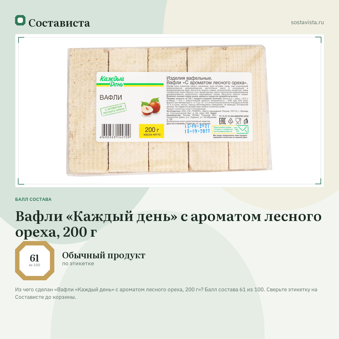 Вафли «Каждый день» с ароматом лесного ореха, 200 г: балл состава 61 из 100 — Состависта