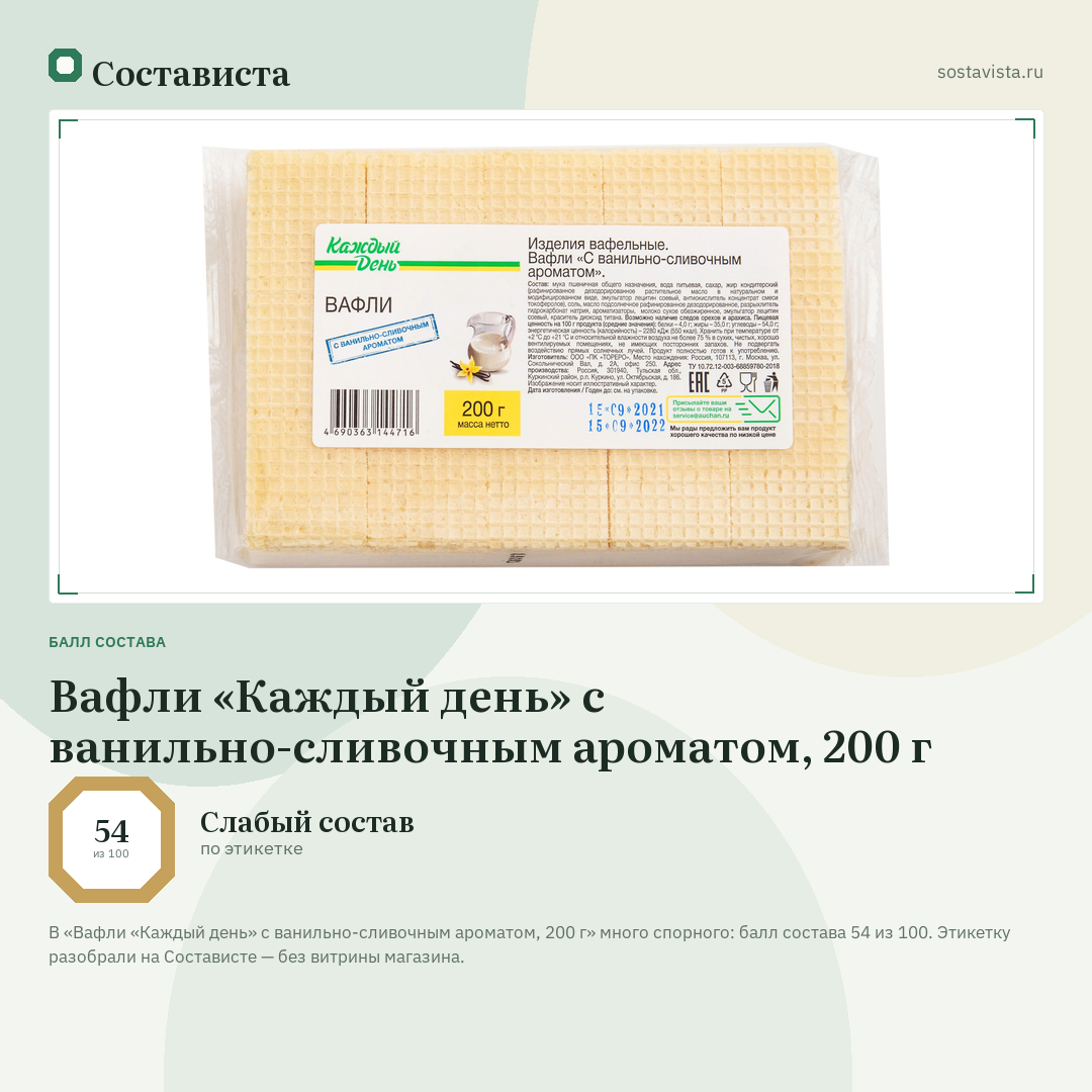 Вафли «Каждый день» с ванильно-сливочным ароматом, 200 г: балл состава 54 из 100 — Состависта
