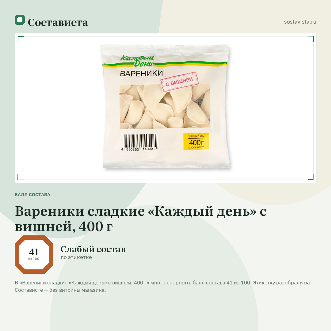 Вареники сладкие «Каждый день» с вишней, 400 г: балл состава 41 из 100 — Состависта