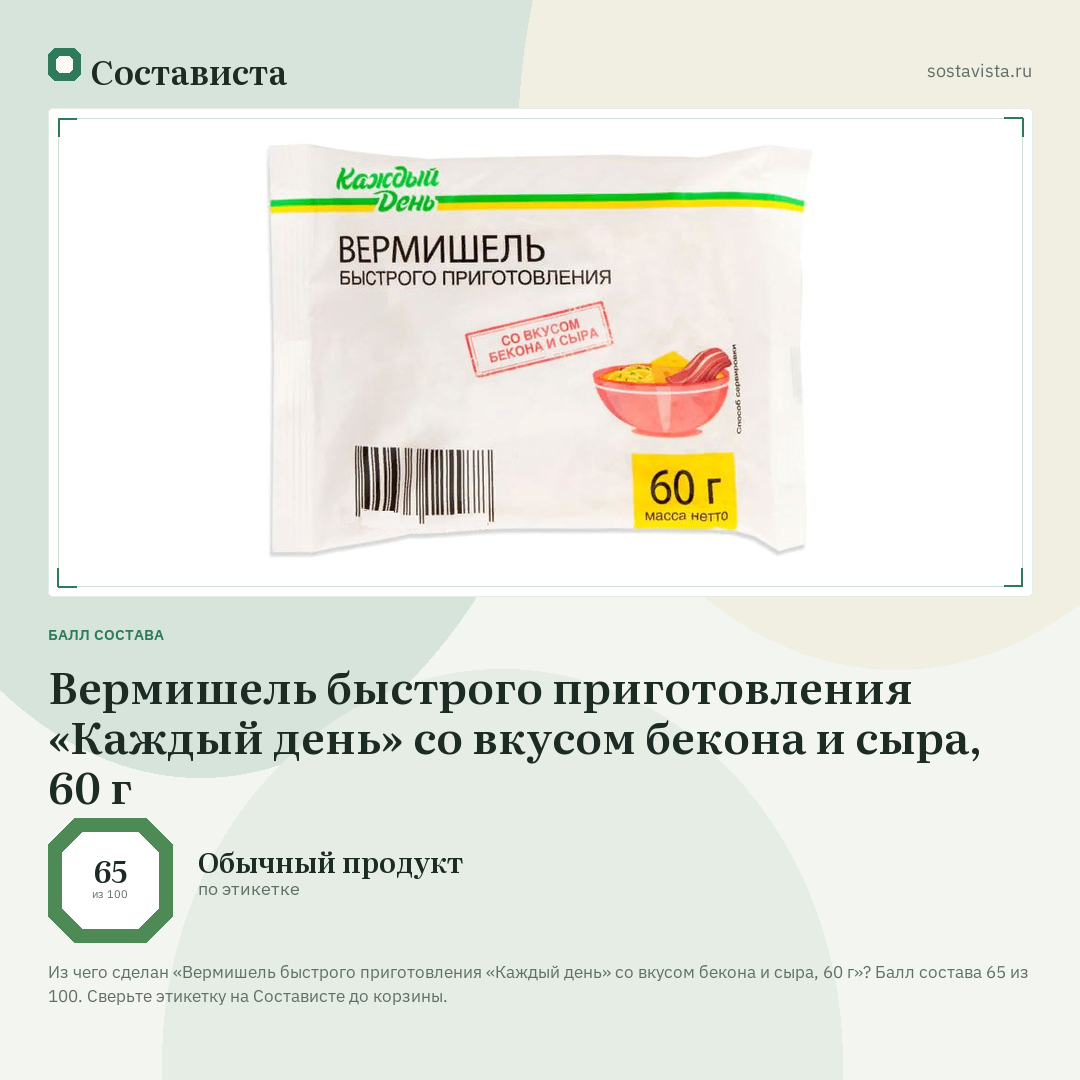 Вермишель быстрого приготовления «Каждый день» со вкусом бекона и сыра, 60 г: балл состава 65 из 100 — Состависта