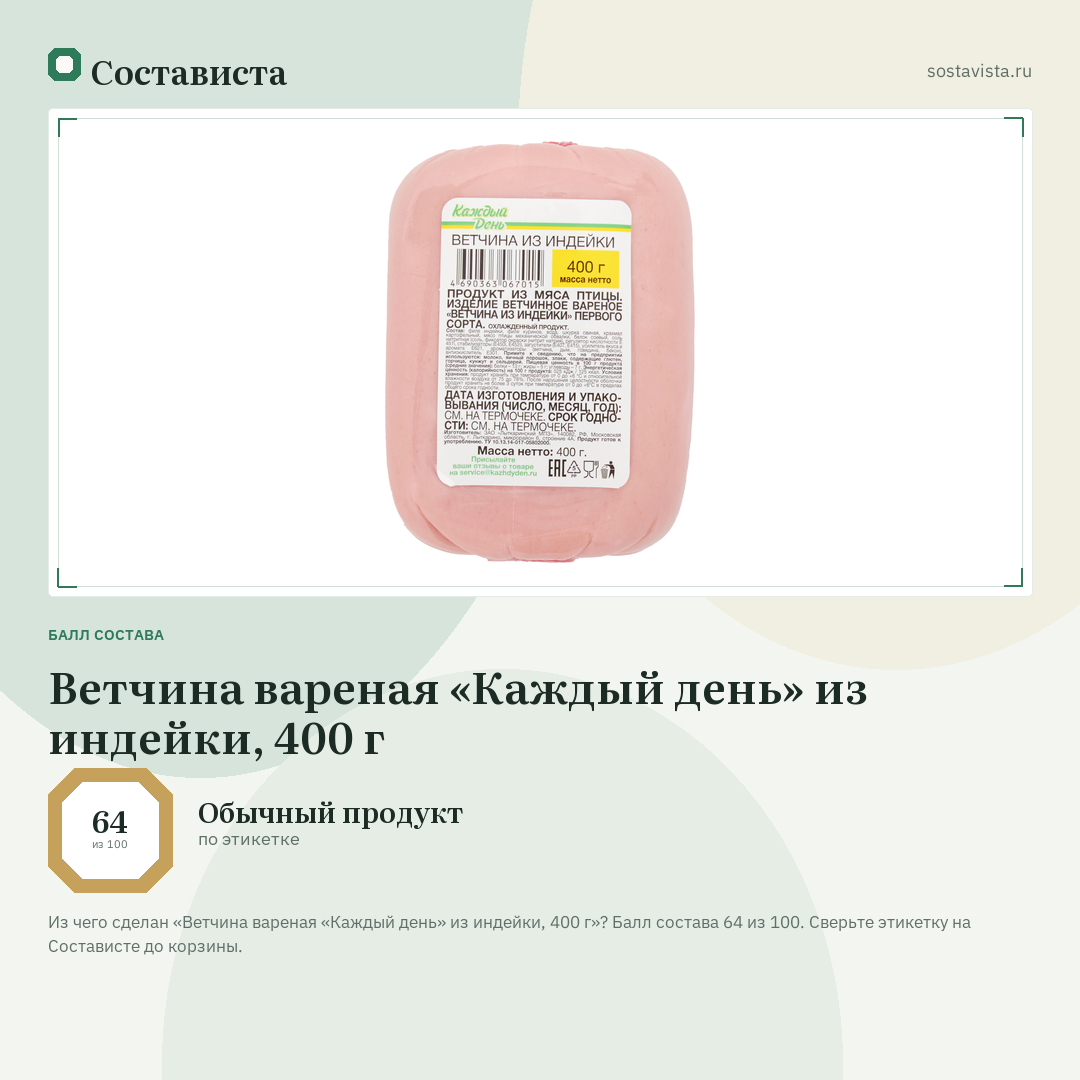 Ветчина вареная «Каждый день» из индейки, 400 г: балл состава 64 из 100 — Состависта