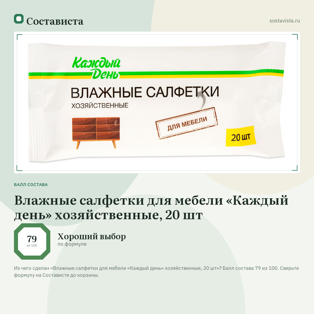 Влажные салфетки для мебели «Каждый день» хозяйственные, 20 шт: балл состава 79 из 100 — Состависта