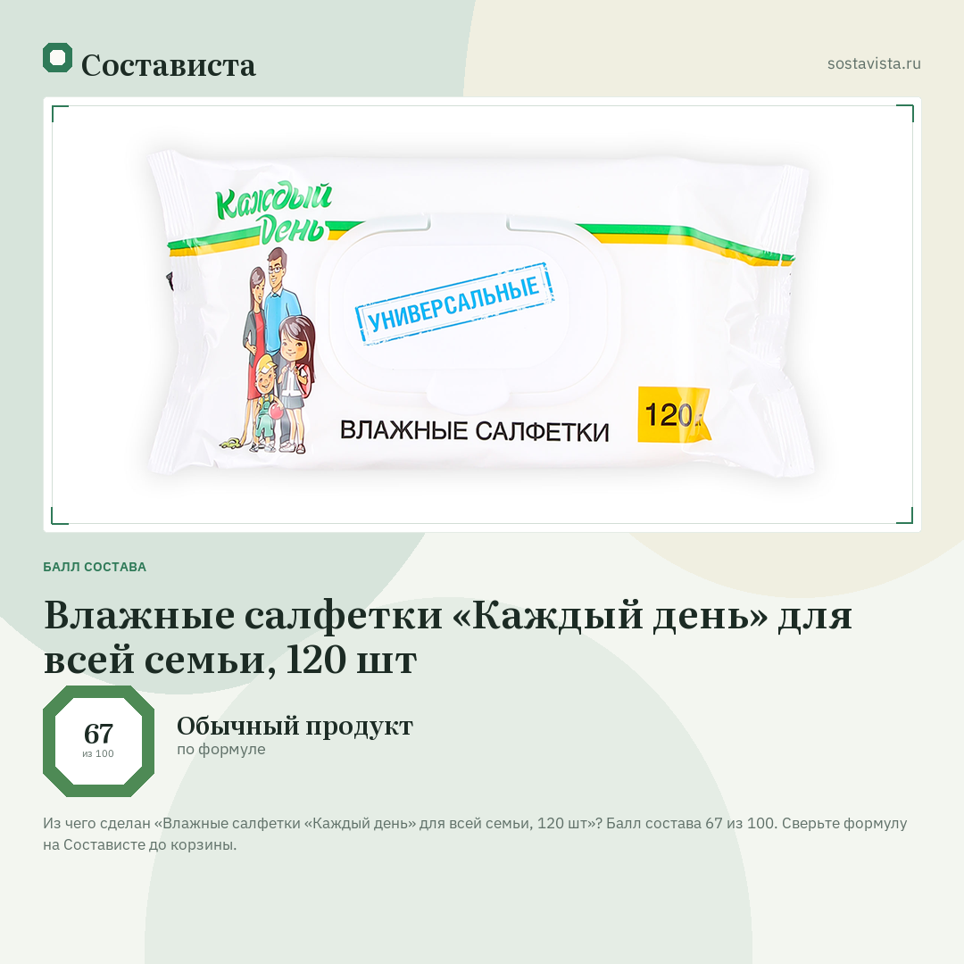 Влажные салфетки «Каждый день» для всей семьи, 120 шт: балл состава 67 из 100 — Состависта