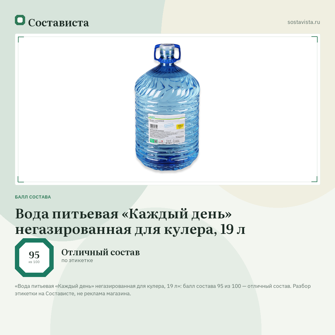 Вода питьевая «Каждый день» негазированная для кулера, 19 л: балл состава 95 из 100 — Состависта