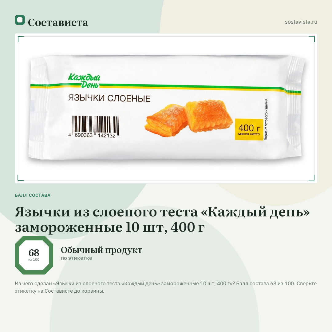 Язычки из слоеного теста «Каждый день» замороженные 10 шт, 400 г: балл состава 68 из 100 — Состависта