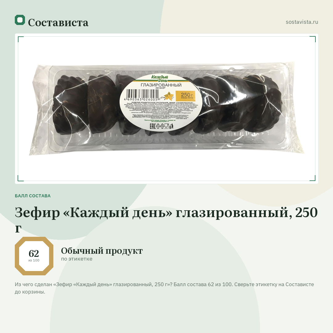Зефир «Каждый день» глазированный, 250 г: балл состава 62 из 100 — Состависта