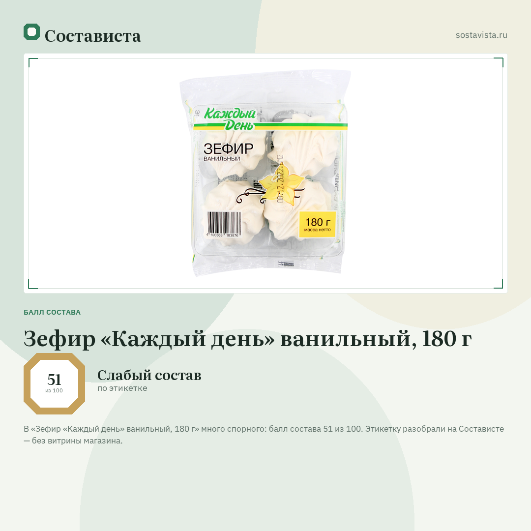 Зефир «Каждый день» ванильный, 180 г: балл состава 51 из 100 — Состависта