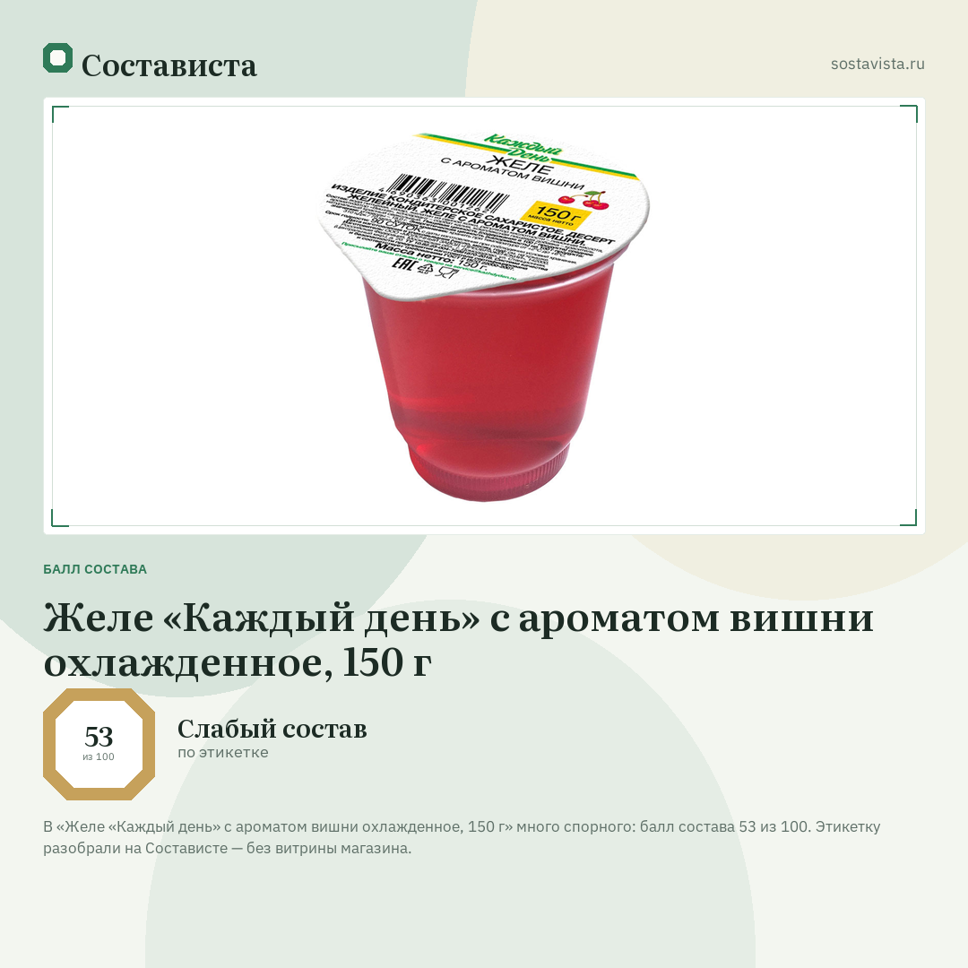 Желе «Каждый день» с ароматом вишни охлажденное, 150 г: балл состава 53 из 100 — Состависта